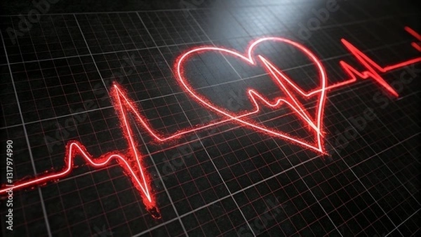 Fototapeta Abstract image featuring a red heart-shaped heartbeat line on a black grid background