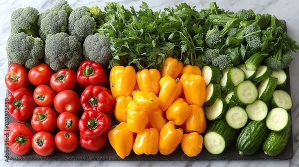 Fototapeta fresh vegetables like cucumbers peppers and broccoli arranged on a table