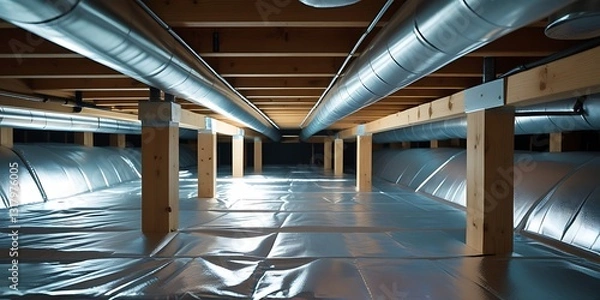 Fototapeta Modern encapsulated crawl space with vapor barrier and insulated ductwork, showcasing energy efficiency, moisture protection, and basement waterproofing
