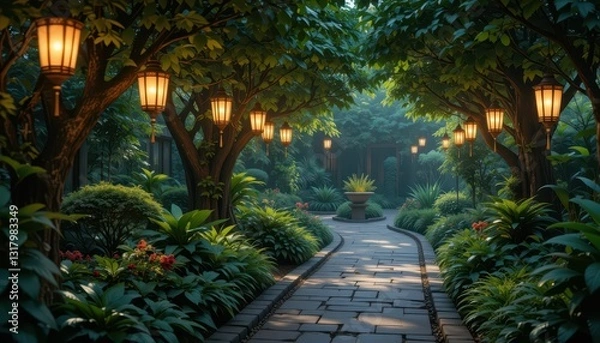 Fototapeta Serene Garden Pathway Illuminated by Lanterns at Dusk