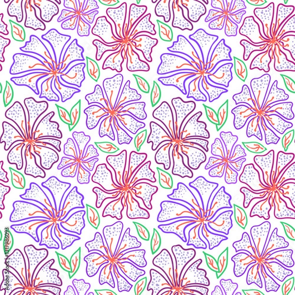 Fototapeta Colorful decorative botanical floral seamless pattern. Hand drawn bright simple flowers with leaves on white background. For textile, wallpaper, print, wrapping, scrapbooking. Spring illustration