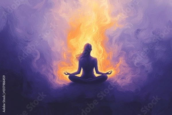 Obraz Digital artwork of a meditating silhouette against a cosmic gradient background with swirling patterns
