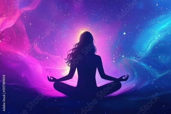 Fototapeta Silhouette of a person in a meditative pose with a vibrant, cosmic background