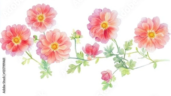 Fototapeta A delicate arrangement of pink flowers with green foliage, beautifully illustrated in a soft, watercolor style, creating a serene and elegant floral display.