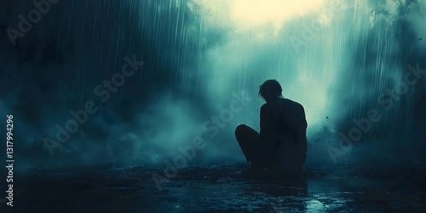 Obraz Visualization of depression depicted through a solitary figure in a dark, rainy environment