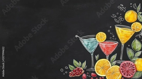 Obraz Colorful cocktails chalkboard menu, fruits, dark background, bar menu design