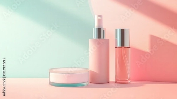 Obraz Three elegant cosmetic containers arranged on a pastel background, showcasing beauty products