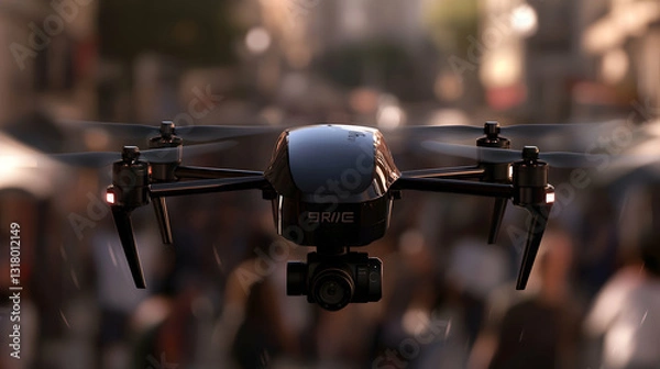 Fototapeta A drone with spinning propellers hovering in a busy urban environment