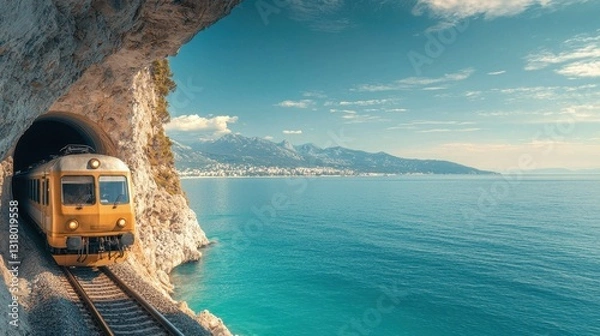 Obraz Scenic Coastal Train Journey Through Tunnel by the Sea