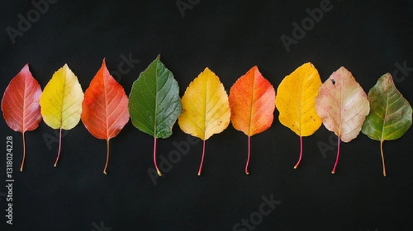 Fototapeta A colorful arrangement of leaves in shades of red, orange, yellow, and green, set against a black background, showcasing the beauty of nature's seasonal transitions.