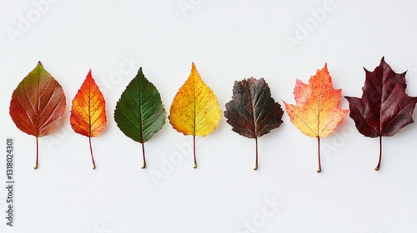 Fototapeta A vibrant array of autumn leaves in various colors, from deep red to bright yellow and green, arranged neatly on a white background.