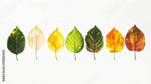 Fototapeta A collection of seven leaves displayed in a gradient of colors, showcasing stages from green to yellow and orange, against a clean white background.