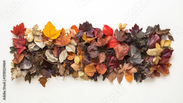 Fototapeta A vibrant collection of autumn leaves in various colors and textures, arranged artfully against a white background, showcasing the beauty of nature's seasonal change.