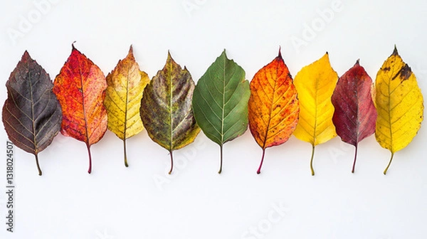 Fototapeta A vibrant array of autumn leaves in various hues, ranging from deep red to bright yellow, arranged neatly against a white background, showcasing the beauty of fall.
