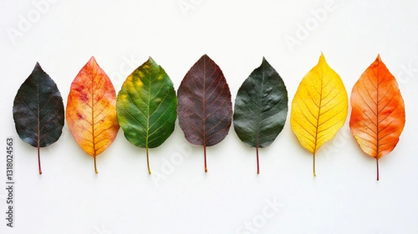 Fototapeta A vibrant arrangement of seven leaves displays a gradient of autumn colors, ranging from deep red to bright yellow, against a clean white background.