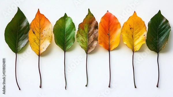 Fototapeta A vibrant array of leaves showcasing a gradient of colors from green to orange, reflecting the beauty of seasonal change. Each leaf displays unique textures and hues.