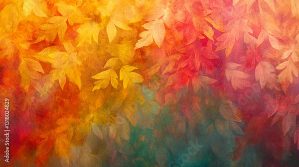 Fototapeta A vibrant blend of autumn leaves in warm hues of yellow, orange, and red, creating a striking backdrop with a soft, ethereal quality.