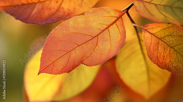 Fototapeta Vibrant autumn leaves showcase hues of orange and yellow, highlighting intricate textures against a softly blurred background. Nature's beauty in transition.