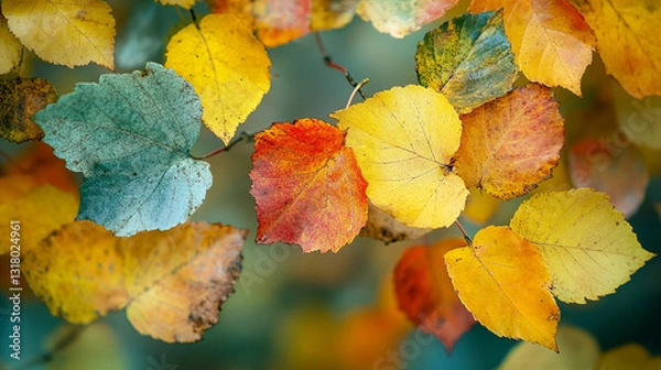 Fototapeta A vibrant array of autumn leaves showcases colors of yellow, orange, and green, capturing the beauty of the fall season in a natural, textured arrangement.