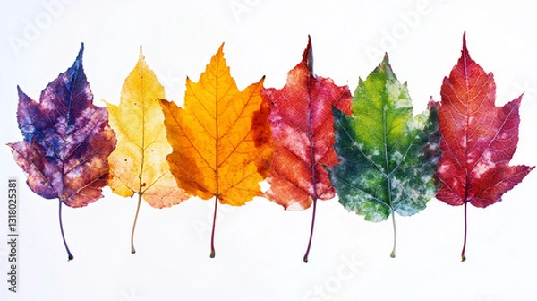 Fototapeta A vibrant display of six colorful leaves arranged in a line, showcasing hues of purple, yellow, orange, red, green, and pink against a light background.