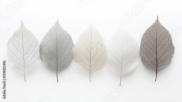 Fototapeta A minimalist arrangement of five translucent leaves in varying shades of gray and white, showcasing delicate textures against a clean white background.