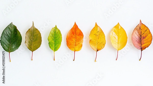 Fototapeta A row of leaves in various autumn colors, showcasing a gradient from green to yellow and orange, set against a clean white background.
