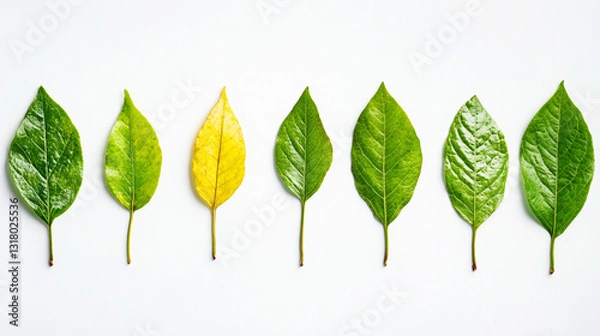 Fototapeta A series of six leaves in varying shades of green and one yellow, arranged in a line against a white background, showcasing the beauty of nature's color transition.