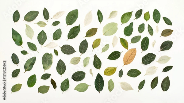 Fototapeta A diverse array of leaves in various shapes and shades of green, yellow, and brown, arranged aesthetically on a light background.