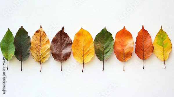 Fototapeta A vibrant array of autumn leaves in various colors, arranged in a line against a white background, showcasing the beauty of seasonal change.