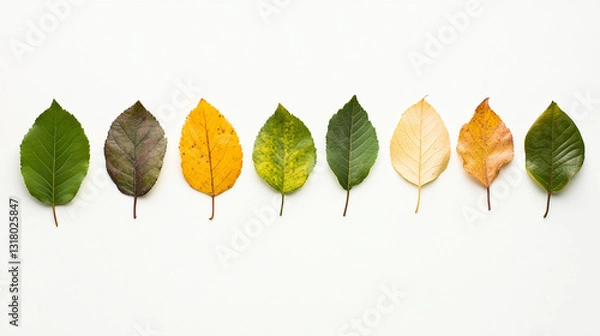 Fototapeta A harmonious display of leaves in varying colors?green, yellow, and brown?showcasing the natural transition of seasons against a white background.