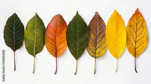 Fototapeta A colorful array of leaves showcases the changing hues of autumn, transitioning from deep green to vibrant yellow, capturing nature's seasonal beauty.