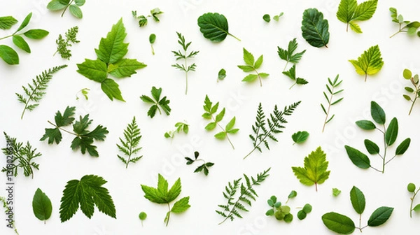 Fototapeta A diverse collection of green leaves and ferns arranged neatly on a light background, showcasing the beauty of various plant species.