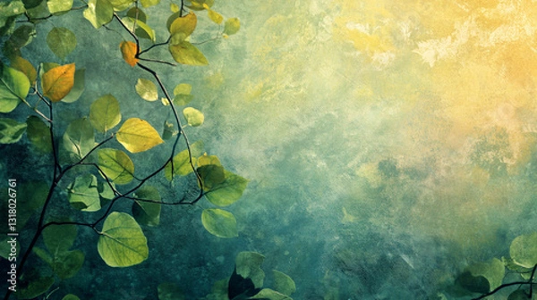 Fototapeta A serene abstract design featuring soft green and yellow hues, with delicate leaves scattered across a textured background, evoking a tranquil, natural atmosphere.