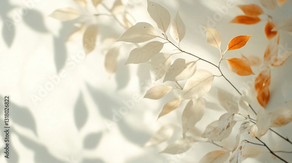 Fototapeta A delicate arrangement of pale leaves casts soft shadows against a light background, with a few vibrant orange leaves adding a subtle pop of color.