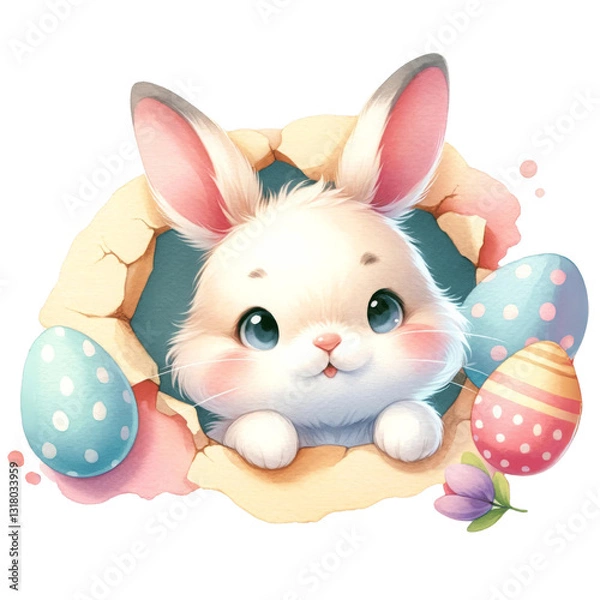 Fototapeta Easter bunny concept. A cute bunny peeks through a cracked egg shell surrounded by colorful Easter eggs and a flower.