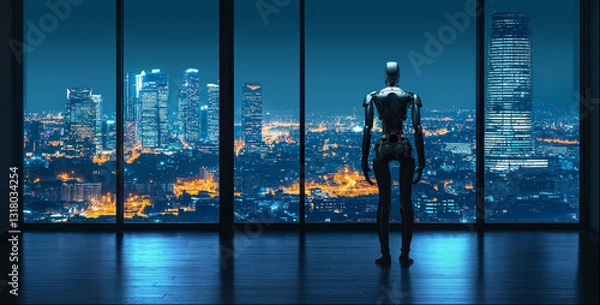 Fototapeta Robot looking out an office window at a city at night