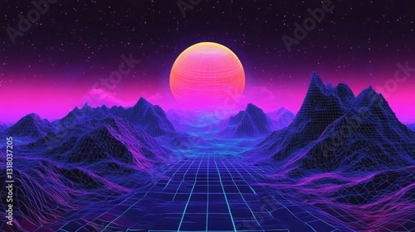 Fototapeta Vibrant retro-futuristic landscape featuring a large sun setting over stylized mountains