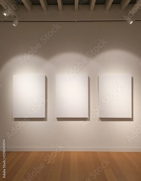 Fototapeta a modern art gallery with three blank canvases mounted on a wall, illuminated by overhead lighting creating distinct shadows.