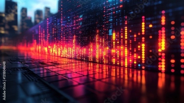 Fototapeta Vibrant digital cityscape with colorful data visualization overlaying a futuristic urban environment