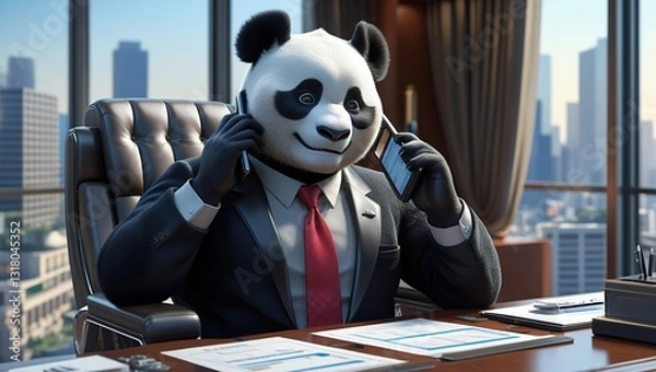 Fototapeta An anthropomorphic panda in an executive office, wearing a black suit and red tie, making a phone call while looking at financial reports. High-end modern interior with a cityscape view outside.