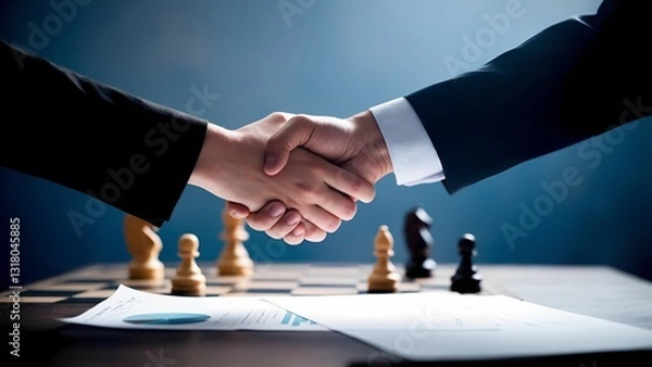 Fototapeta Business negotiation handshake after chess game office photo indoor close-up strategy