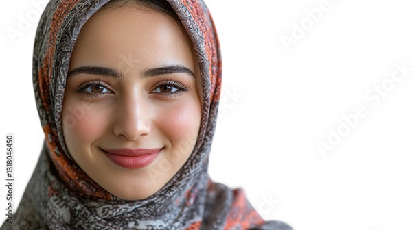 Fototapeta Portrait of a smiling young arab woman wearing headscarf, isolated on transparent background.