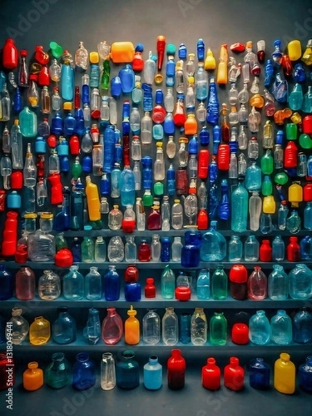 Fototapeta Arrangement of plastic items like bottles and caps.