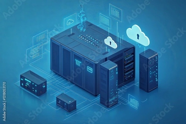 Fototapeta Illustrative depiction of a data center and cloud computing servers
