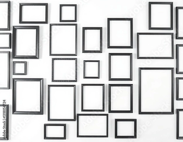 Fototapeta a white wall with multiple empty black picture frames of various sizes arranged in a symmetrical pattern.