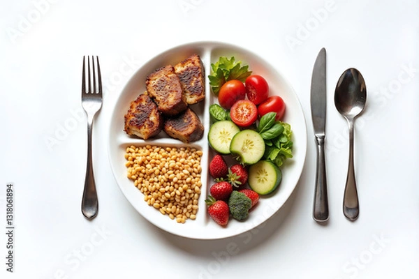 Fototapeta Balanced meal plate plan, top view of a plate with balanced portions of food, a concept of nutrition, diet, and healthy eating