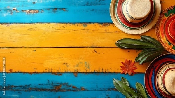 Fototapeta Vibrant Summer Vibes: Colorful Hats on a Rustic Wooden Background