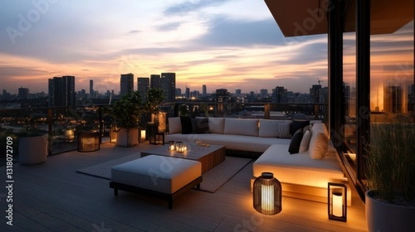 Obraz A luxurious rooftop terrace with a scenic sunset view
