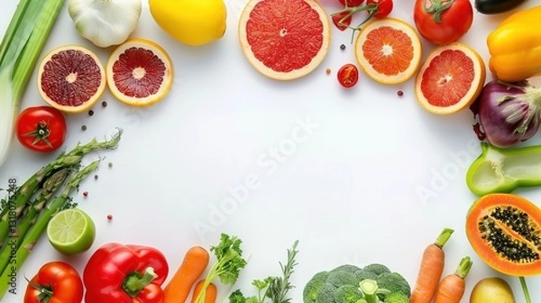 Fototapeta A frame border made of fresh fruits and vegetables is displayed on a clean white background. The fruits and vegetables in the frame border include various types like apples, carrots, and leafy greens,