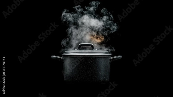 Fototapeta Cooking event steaming pot of food kitchen setting culinary image dark background close-up view delicious concept for food enthusiasts and chefs